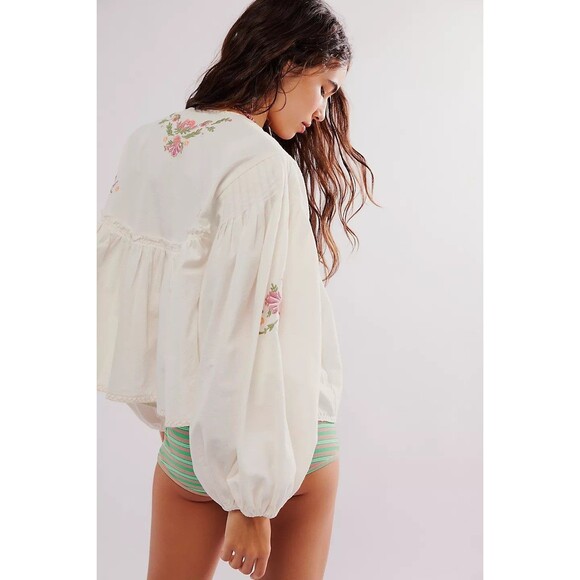 Free People Lucia Blouse Top Floral Embroidered Cotton Balloon Sleeve S 283596 - Picture 4 of 8